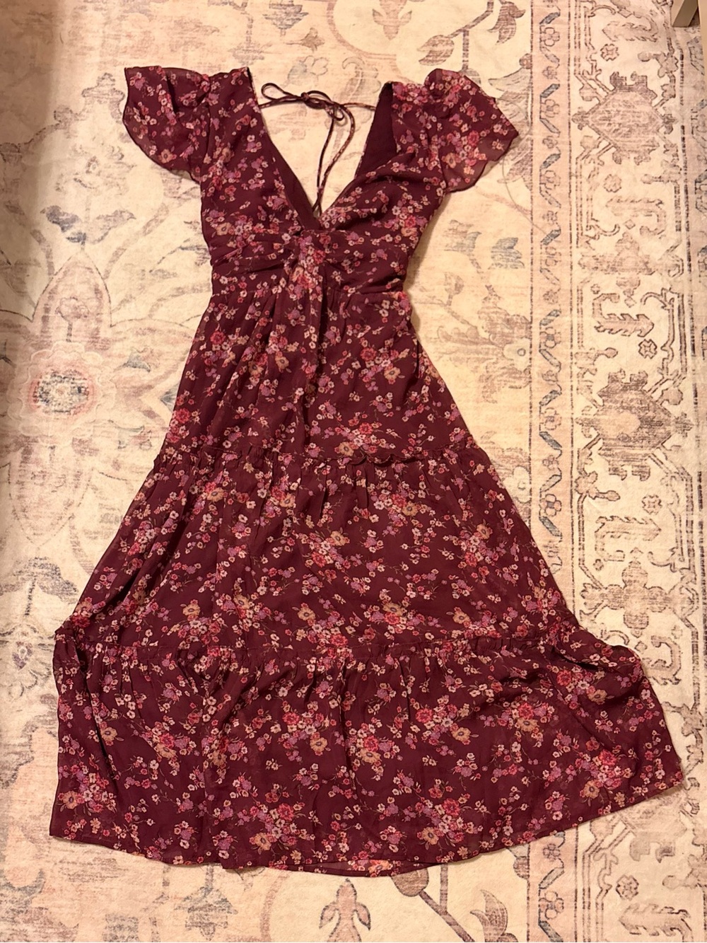 Emerald Sundae Burgundy Floral V-Neck Maxi Dress